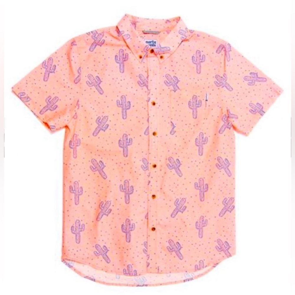 Party Pants Neon Pink Blue Cactus Print Button Down Short Sleeve Cabana Shirt L